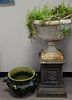 Two piece planter group to include iron two part outdoor urn on pedestal (ht. 40in.) and ceramic green