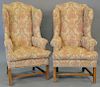 Pair of custom made tiger maple Chippendale style upholstered wing chairs, in the manner of Eldred Wheeler. ht. 54 in.