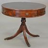 Mahogany drum table with leather revolving top and two drawers. ht. 29 1/2 in., dia. 36 in.