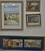 Six framed pieces to include watercolor cityscape signed illegibly lower right, a watercolor country road "After Birchfield, 
