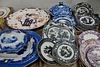Four tray lots of Staffordshire blue and white covered tureen, Blue Willow platter, plates, and ironstone platter.  Provenanc