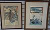 Four framed Japanese woodblock prints, one is a tryptic. sight size 13 1/2" x 9 1/2" to image size 14" x 29"