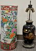 Two piece lot to include rose famille umbrella holder (ht. 21 1/2in.) and Japanese Satsuma vase made into a lamp (total ht. 2