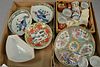 Group of Chinese porcelain to include rose medallion plate (dia. 8in.), pair of famile verte dishes, famile rose triangle dis
