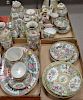 Large group of rose medallion and rose famille porcelain to include a charger, tea and coffee pots, oval tray, vases, plates,