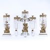 Antique Gilt Brass and Hanging Crystal Three Arm Figural Lamp with Candlesticks Set. Includes three