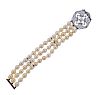 Platinum Gold Diamond Pearl Three Strand Bracelet