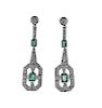 Art Deco Platinum Diamond Emerald Drop Earrings
