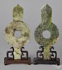 Two Chinese carved spinach jade bi-disc plaques
