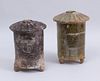 TWO HAN TYPE GLAZED POTTERY CYLINDRICAL TRIPOD BARNS