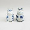 PAIR OF CHINESE BLUE SPOTTED SPONGED CAT-FORM EWERS AND COVERS