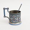 RUSSIAN CLOISONNÉ ENAMEL AND SILVER TEA GLASS HOLDER AND A TEASPOON