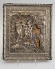RUSSIAN PAINTED WOOD ICON WITH SILVER OKLAD, DEPICTING THE BAPTISM OF CHRIST