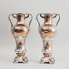 PAIR OF LARGE GORHAM MIXED METAL SILVER ON COPPER TWO HANDLED VASES