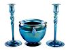 Pair Steuben Blue Aurene Candlesticks and Vase