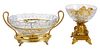 Two Glass and Brass Centerbowls With Glass Fruit