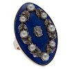 14 Karat Yellow Gold and Silver Enamel, Diamond and Pearl Ring