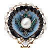 14 Karat Yellow Gold Natural Pearl and Diamond Brooch with GIA Certificate
