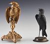 Gilt Bronze Parrot Inkwell, 20th c., with glass eyes, together with a patinated spelter bird bud vase, on a brass base, (2 Pc