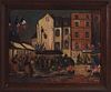Knight, "Market Day, Dieppe France," 20th c., oil on board, signed lower right, titled verso, presented in a mahogany frame, 