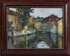 Continental School, "House Along the Canal," 20th c., oil on canvas, signed indistinctly lower left, presented in a stepped m