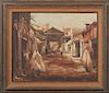 Ajoror, "African Market Scene," 20th c., oil on canvas, signed lower right, presented in a white washed wood frame with burla