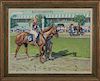 Tim Galloway, "Horse Race," 20th c., acrylic on canvas, signed lower right, presented in a wide reeded gilt frame with a line