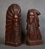 John Nelson (Canadian), "Indian with Feather Headdress," and "Indian Brave with Feathers and Braids," 1985, two wood carvings