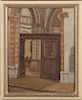 K. Polludan, "Interior Door," 1954, oil on panel, signed and dated lower right, presented in a gilt and polychromed frame, H.
