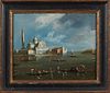 Venetian School, "Canal Scene," 19th c., oil on board, presented in a gilt and ebonized frame, H.- 9 3/8 in., W.- 11 5/8 in.