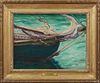 Maud Smith, "Ship," 20th c., oil on board, signed lower right, presented in a carved gilt and gesso frame, H.- 11 7/8 in., W.