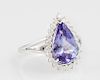 Lady's 14K White Gold Dinner Ring, with a 3.6 carat pear shaped tanzanite, atop a conforming border of round diamonds, on a s