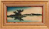American School, "Lake Scene," 19th c., oil on board, presented in a gilt frame with a burled liner, H.- 5 1/8 in., W.- 11 1/
