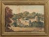 English School, "View of the Village and Church," late 19th c., watercolor, presented in a gilt frame, H.- 11 5/8 in., W.- 17