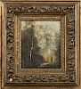 Barbizon School, "Wooded Landscape," 19th c., oil on panel, presented in a period gilt and gesso frame, H.- 6 3/4 in., W.- 5 