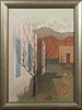 Adalie Brent (1920-1992), "Bare Trees Behind the Buildings," 20th c., oil on panel, signed lower right, presented in a wide g