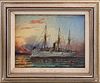 Fred Pansing (1844-1912, New Jersey), "U. S. S. Yorktown," c. 1900, oil on board, identified verso, presented in a silvered g