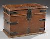 Carved Oak Iron Mounted Strong Box, 19th c., the rectangular hinged lid over the iron banded case flanked by iron handles and