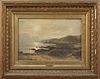 Duncan Cameron (1837-1916), "Seascape with Rocky Shore and Boat on the Horizon," 19th c., oil on canvas, signed lower left, p