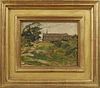 French School, "Landscape with Church," 19th c., oil on panel, presented in a stepped gilt and gesso frame, H.- 6 3/4 in., W.