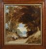 Continental School, "Landscape with Woman and Child," 19th c., oil on board, presented in a walnut frame, H.- 12 3/4 in., W.-