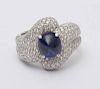 18K WHITE GOLD, DIAMOND AND CABOCHON SAPPHIRE RING