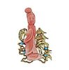 14K Gold Carved Coral Turquoise Oriental Motif Pendant