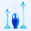 Group of Three (3) Art Glass: 2 Candlesticks and Amphora Vase. Unsigned. Good condition. Largest ca