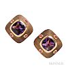 18kt Gold, Wood, Amethyst, and Pink Tourmaline Earclips, Van Cleef & Arpels