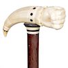 27. Important Whale’s Tooth Fist Cane-Mid 19th Century- A very large and well executed whale’s tooth carving of a fist with collared sleeve, inlaid ba