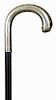 109. Silver Dress Cane- Ca. 1920- A signed German silver art deco crook handle, ebonized shaft and a horn ferrule. H.- 5” x 5” O.L.- 36” $300-$500