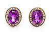 A Pair of Gold, Amethyst, Diamond and Enamel Earclips, 9.20 dwts.