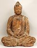 LARGE EARLY POLYCHROME AND CARVED WOOD BUDDHA