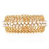 Retro 14 Karat Yellow Gold Woven Mesh Bracelet with Pearl Accents. Pearls measure 4mm, with good color and luster.